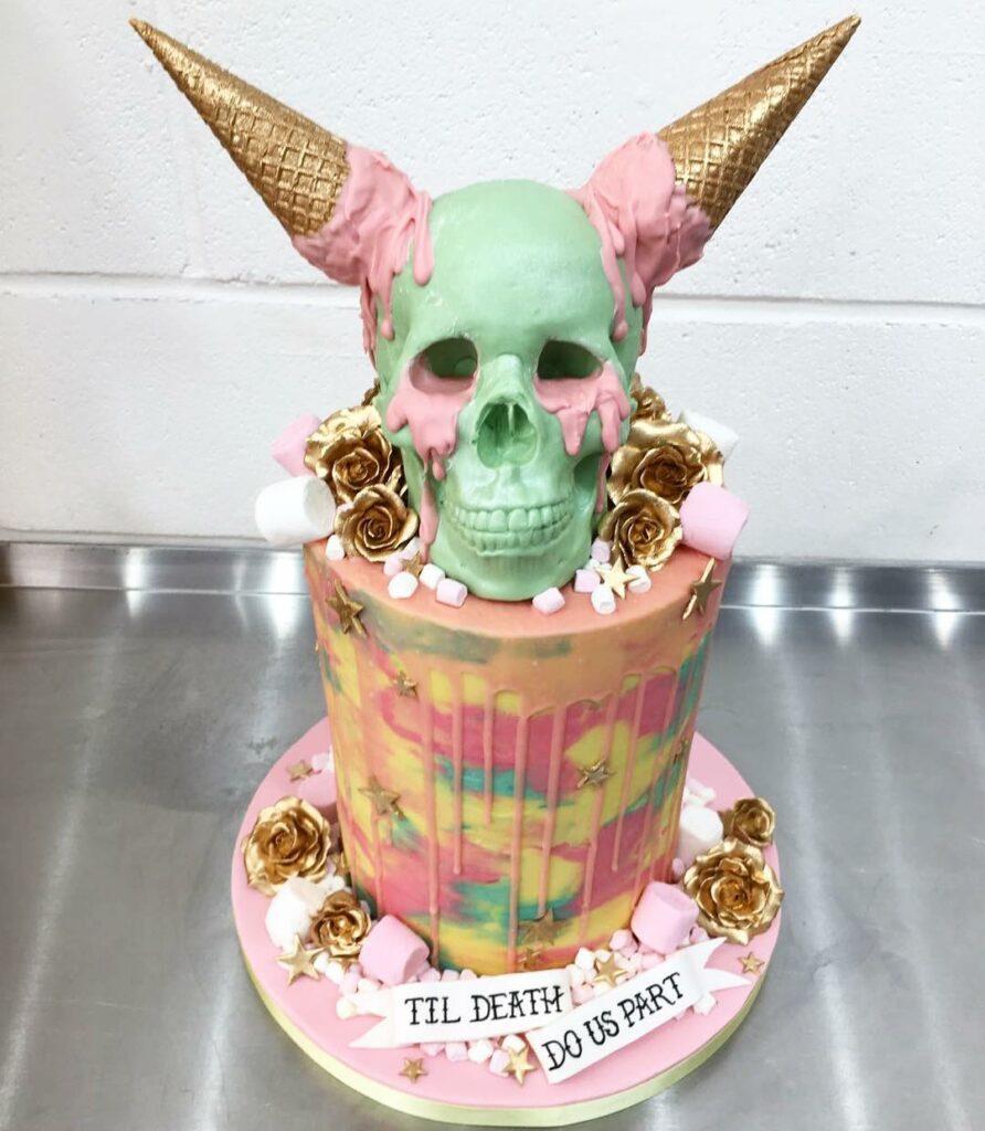 ice cream skull Halloween rainbow wedding cake