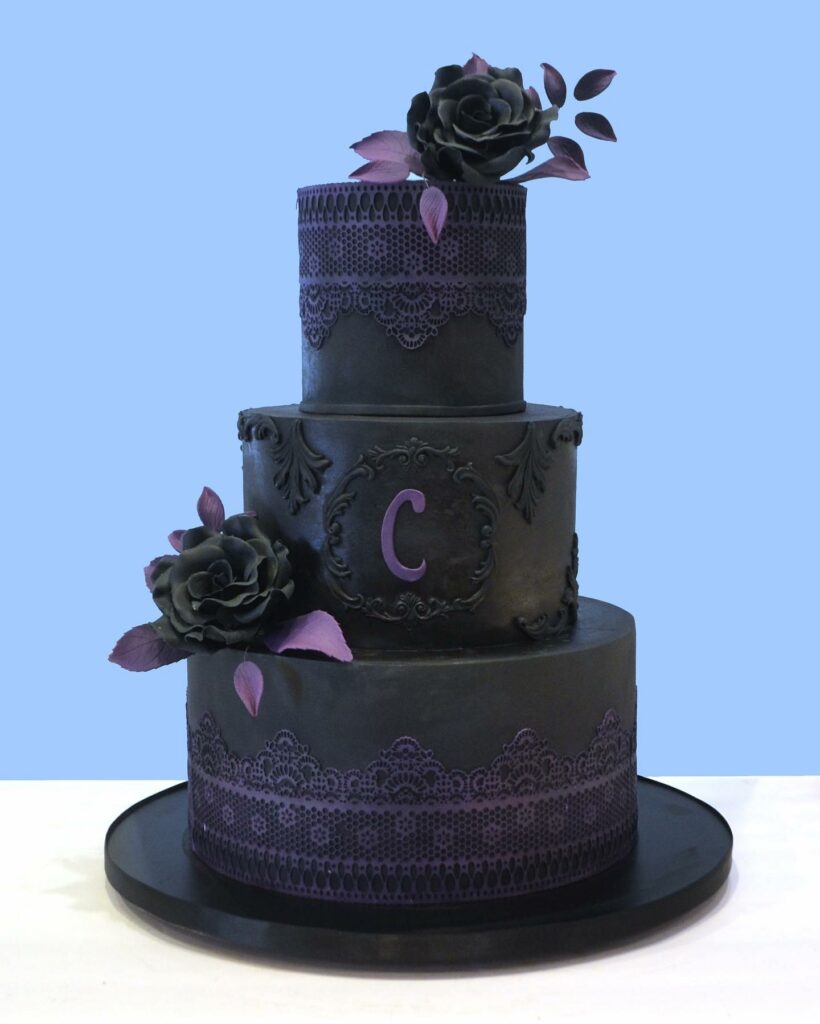 lovely black and purple lace intricate gothic wedding cake