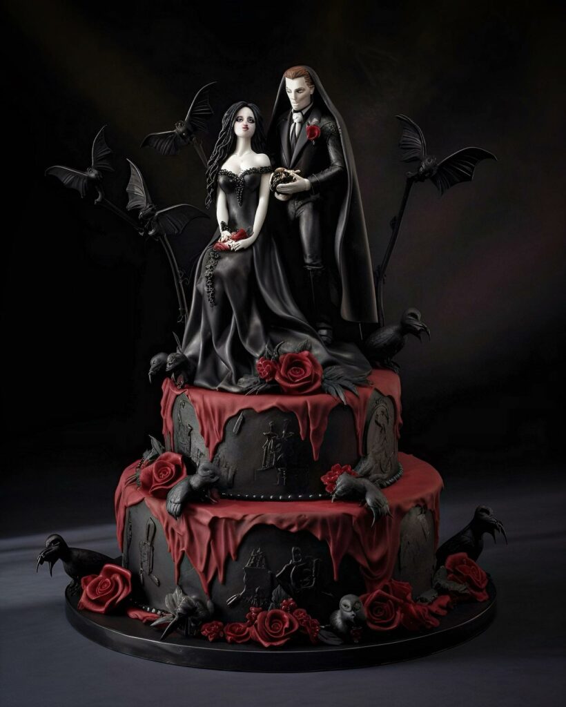 moody black and red gothic wedding cake
