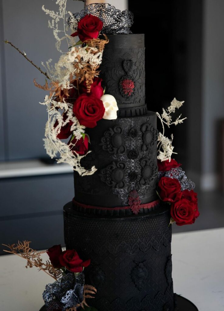 moody floral adorn lace intricate gothic wedding cake