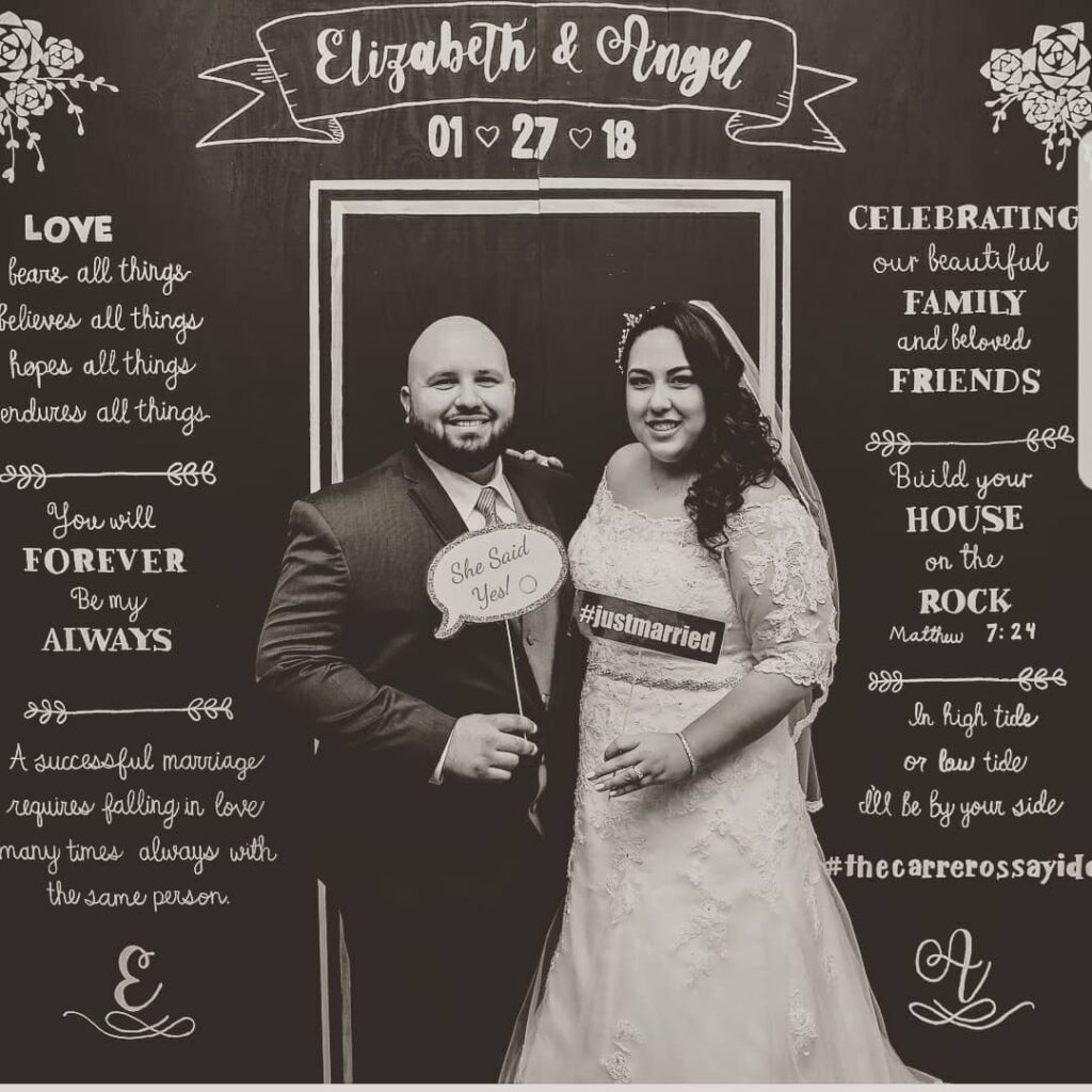personalized chalkboard photo booth with wedding date and lovely lines