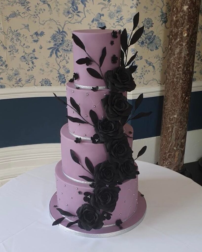 purple and black sugar flower gothic wedding cake