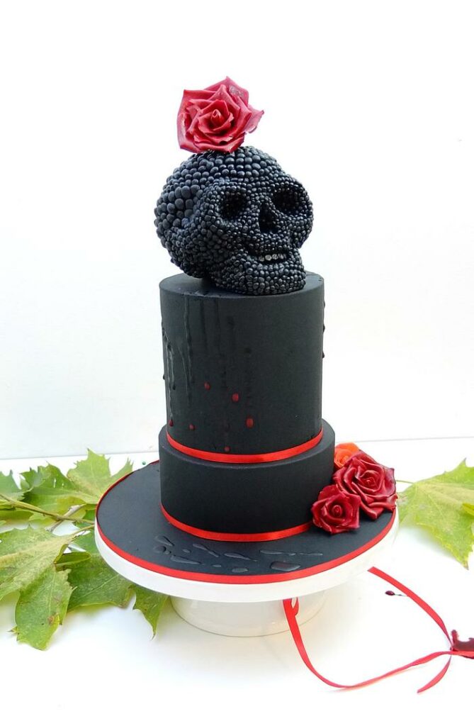 red and black Halloween skull wedding cake