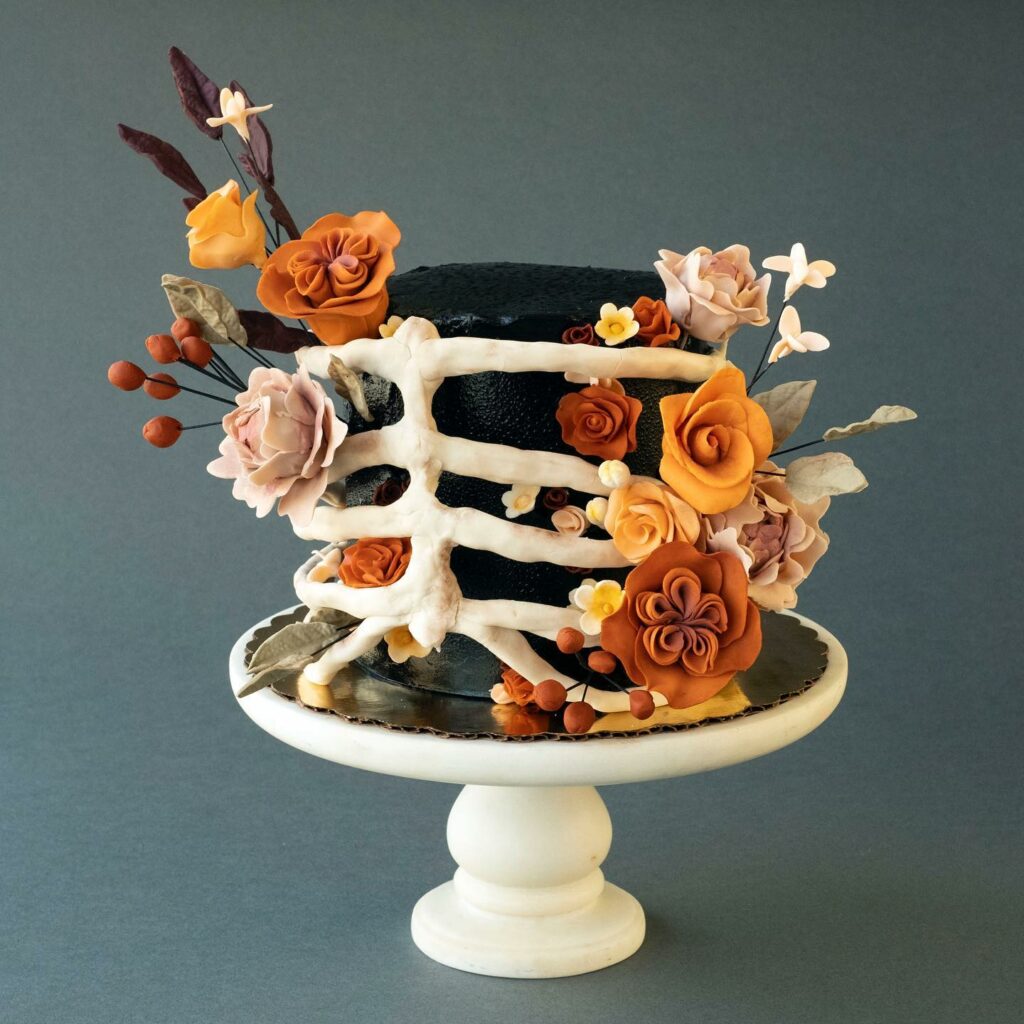 ribcage fondant flower Halloween wedding cake