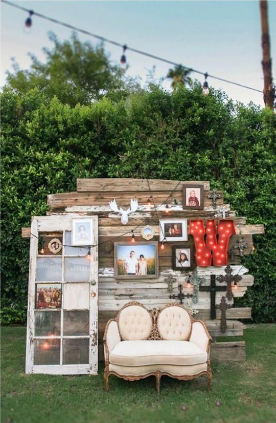 rustic vintage-inspired chic wedding photo booth ideas with neon sign
