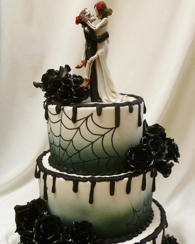 spooky red gothic Halloween themed wedding cake