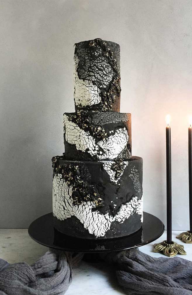 three tier black and white gothic inspired wedding cake