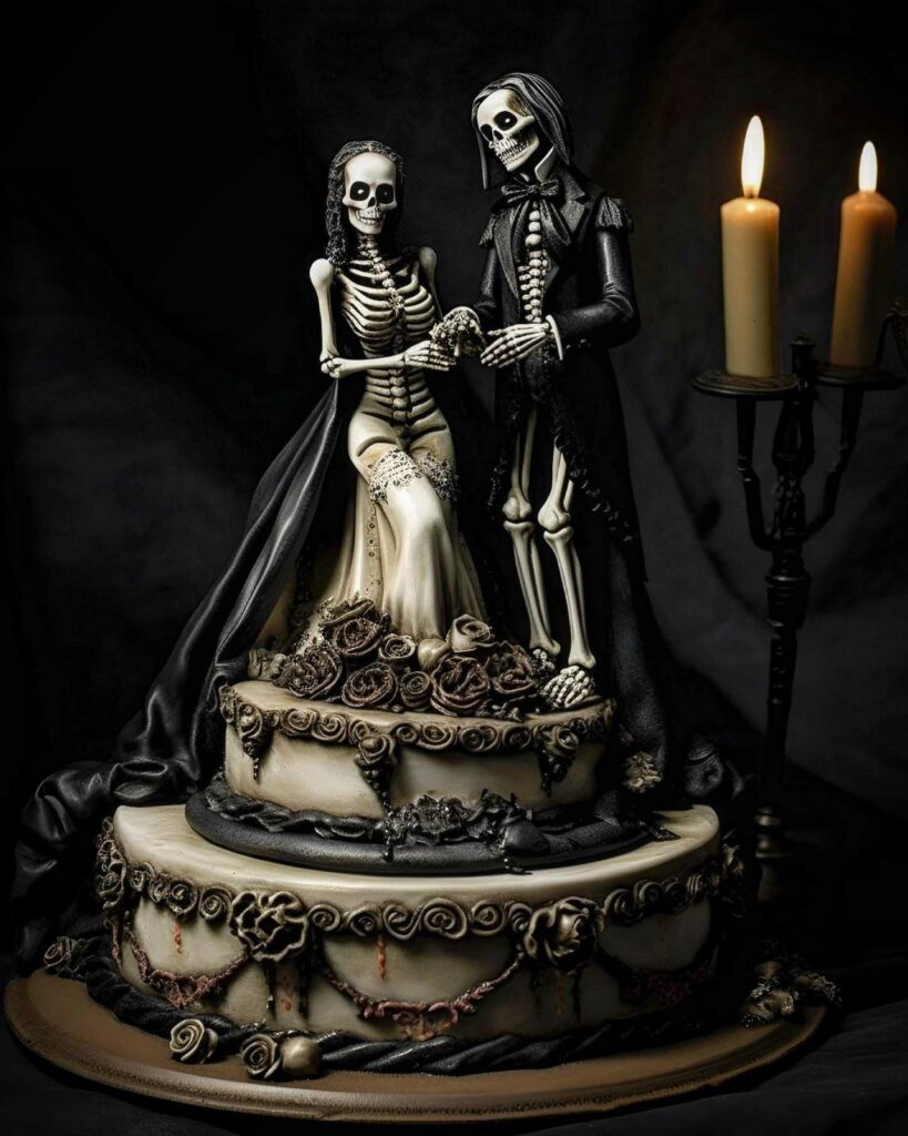 two tiered gold gothic wedding cake