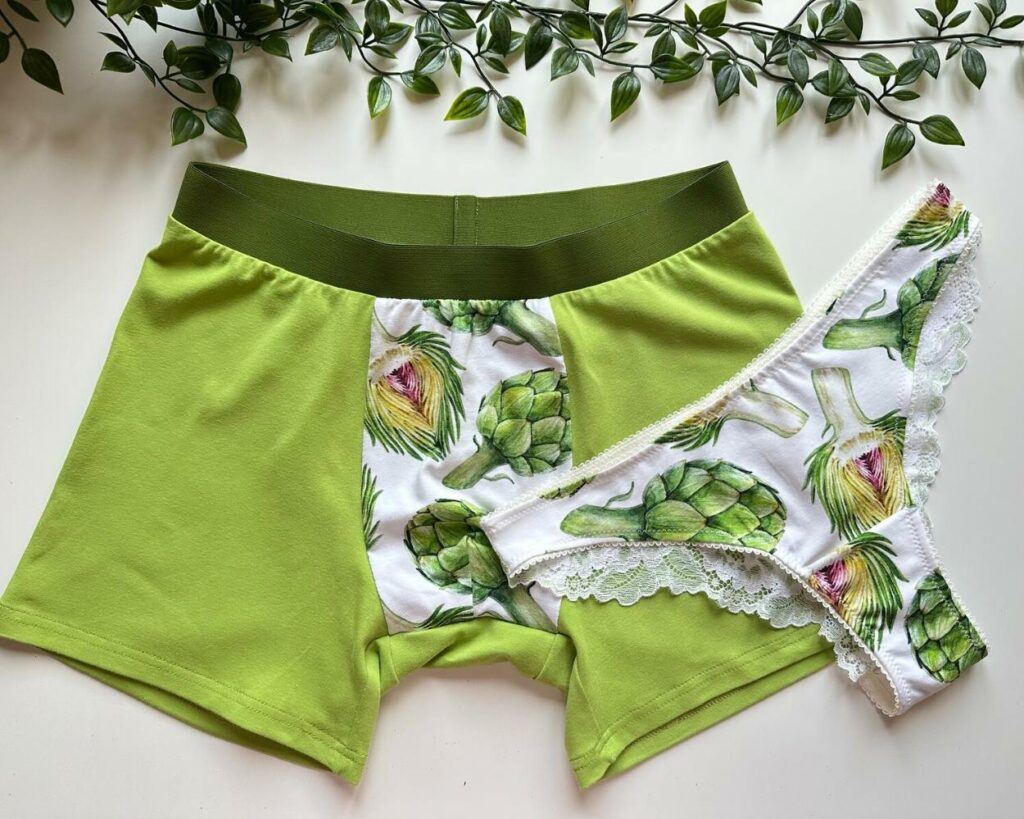 artichoke print green and white matching lace adorned underwear for couples