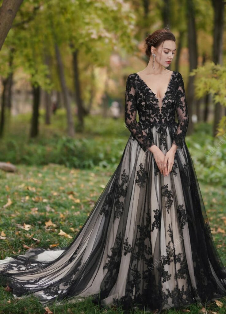 black and white ballgown with long sleeves