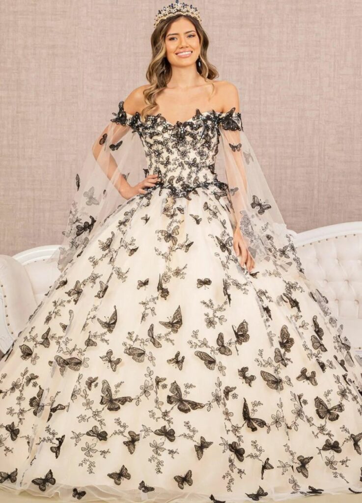 black and white cap sleeves off shoulder ballgown