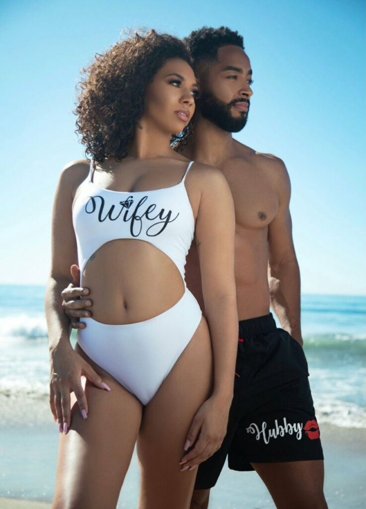 black and white matching swimsuit for wife and hubby