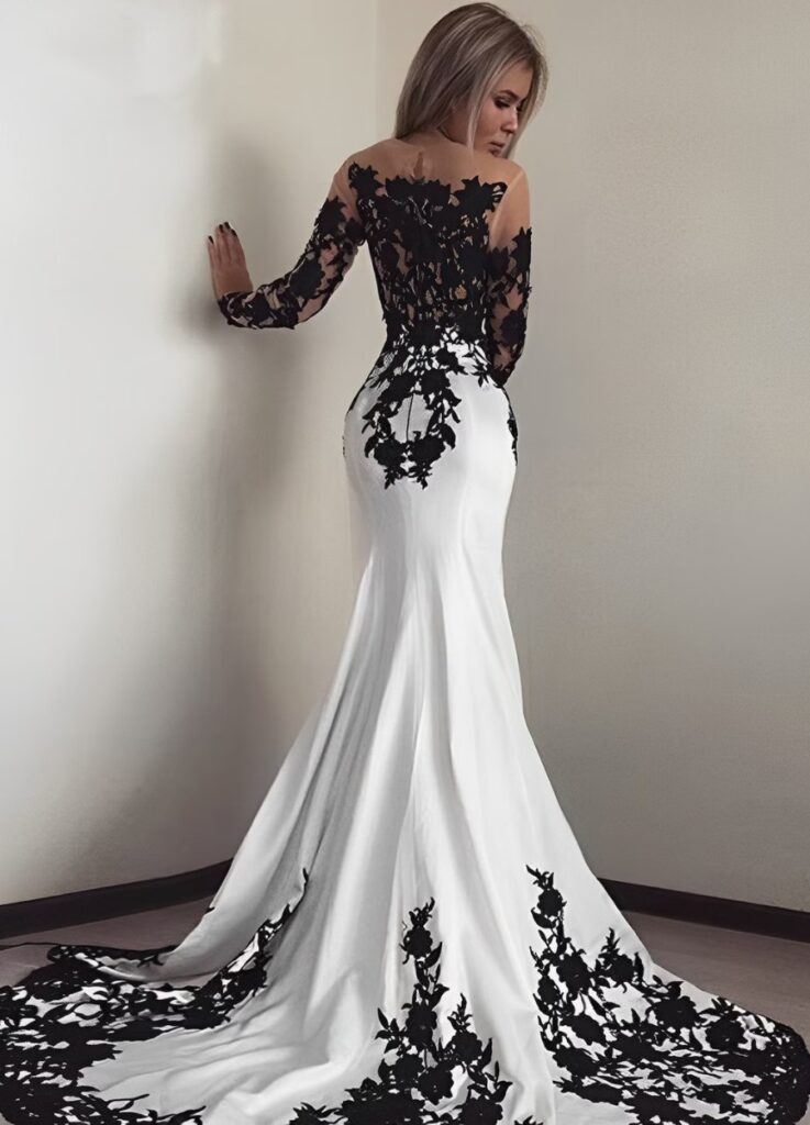black and white mermaid wedding dress