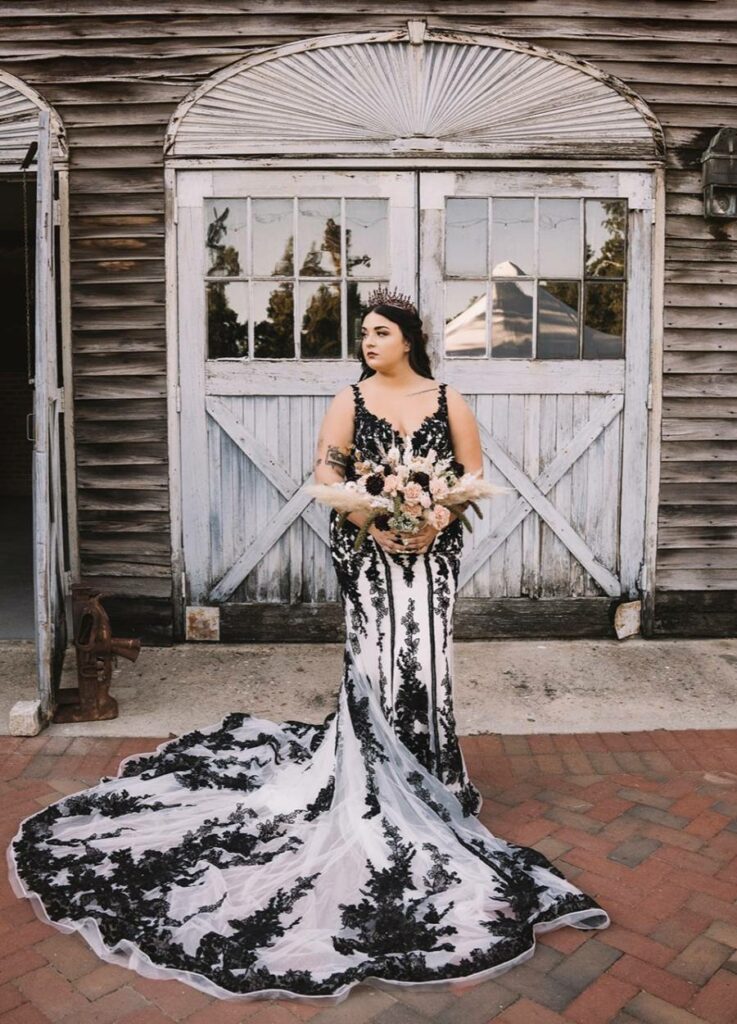 black and white plus size long train wedding dress