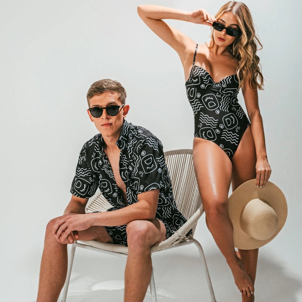 black and white print high waisted matching swimsuit for bohemian couple