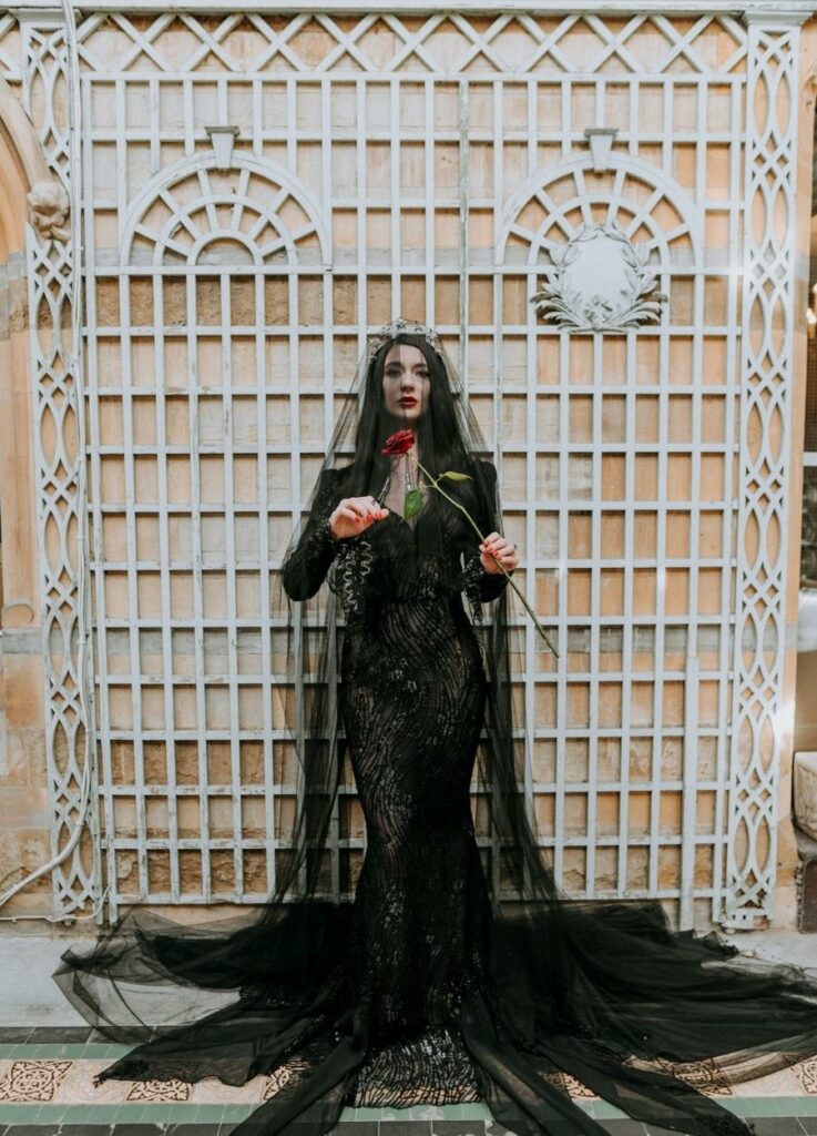 black gothic beaded fishtail wedding dress
