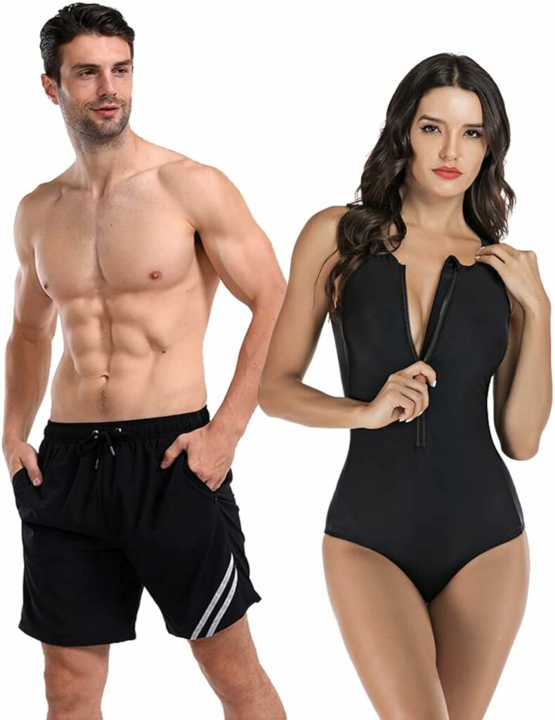 black minimalist matching couple swimsuit