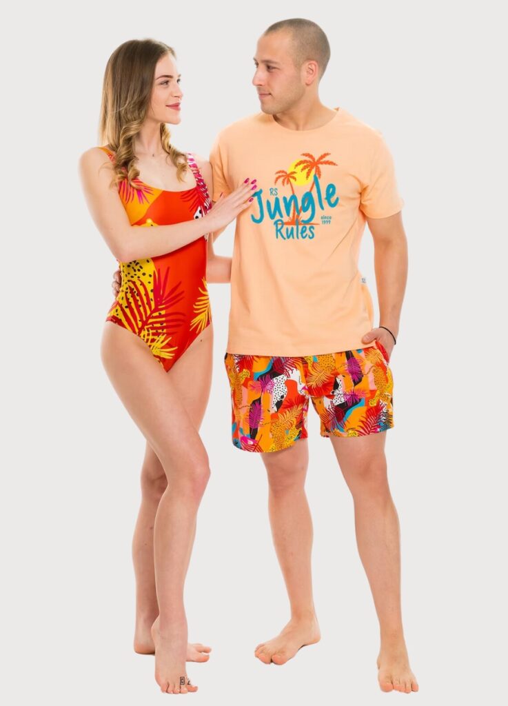 bright and colorful mix and match swimwear for couples