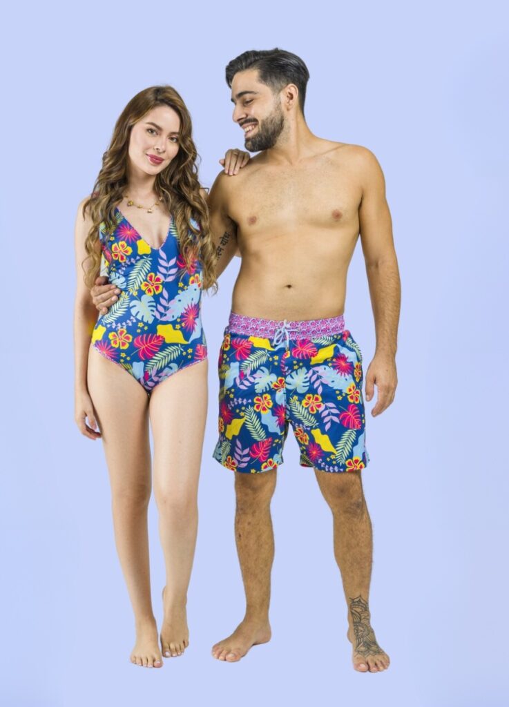 couple matching tropical island print swimsuit
