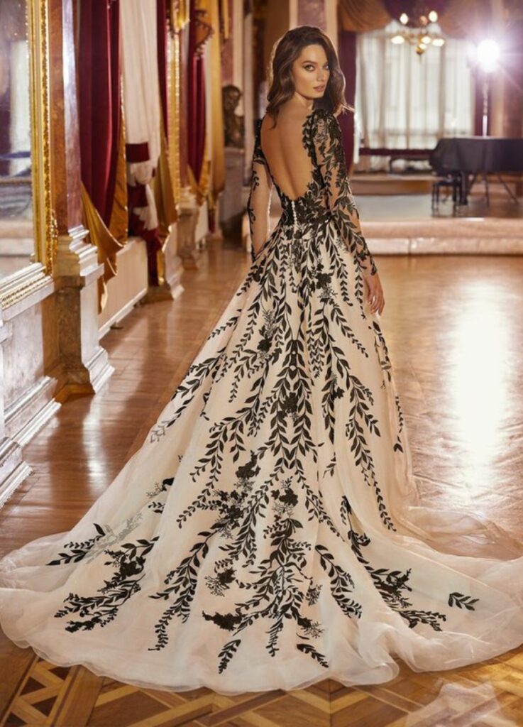 floral lace timeless A line black and white wedding dress