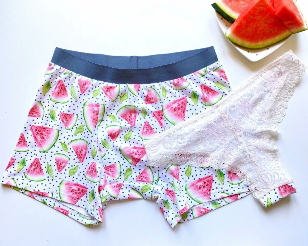 matching cotton and lace underwear with watermelon print for couple