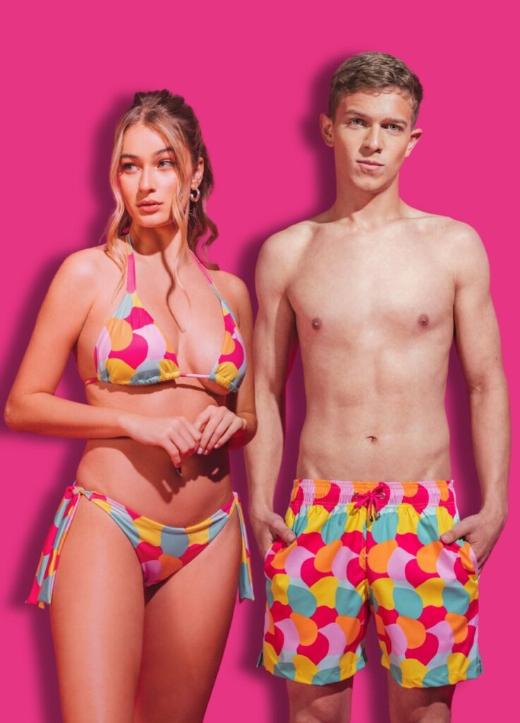 matching swimsuit in vibrant colors for couples