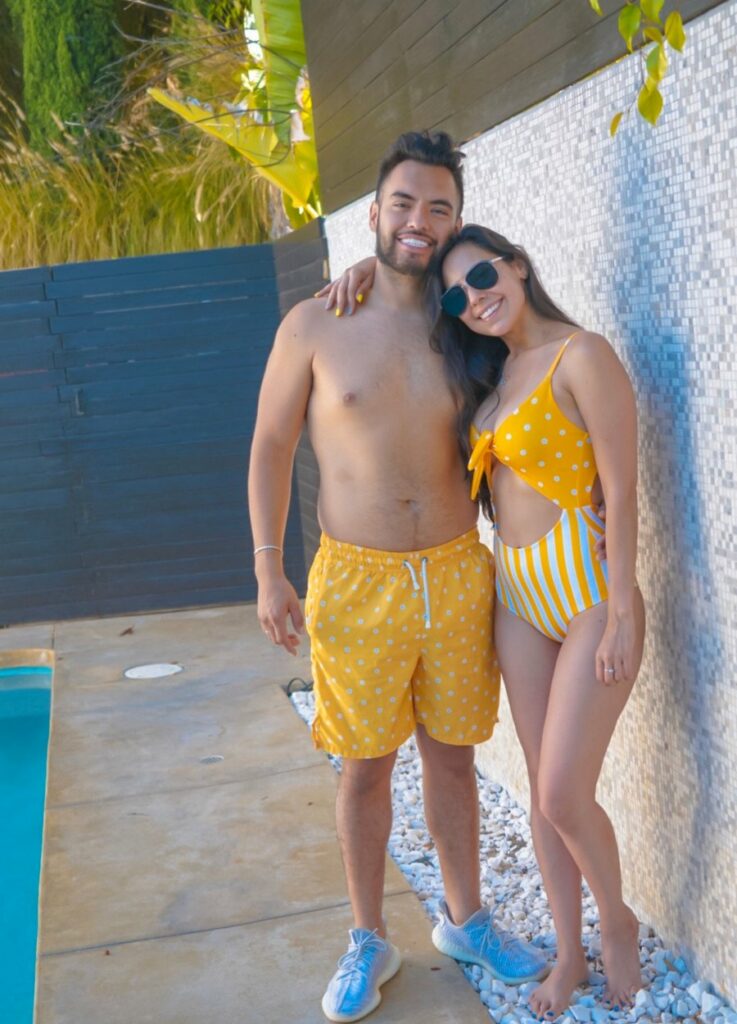 matching swimsuit with orange white pattern for perfect fit couples