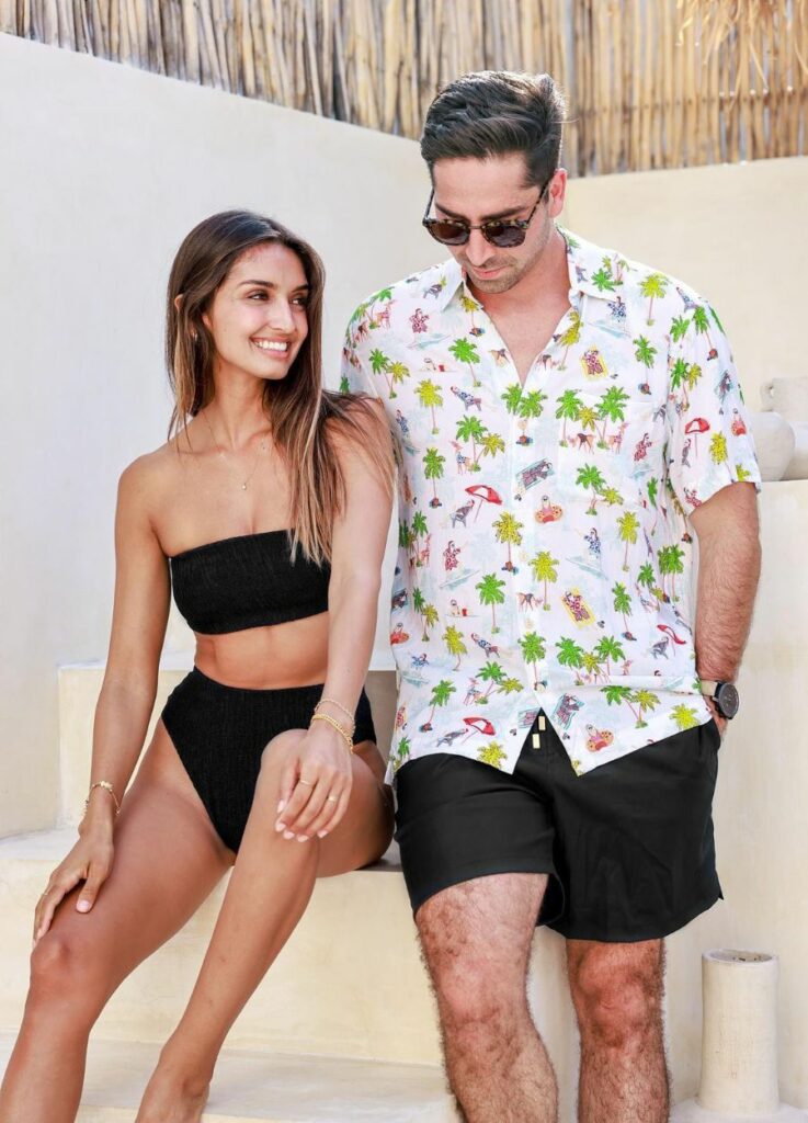 mix and match black and printed matching swimsuit for couples