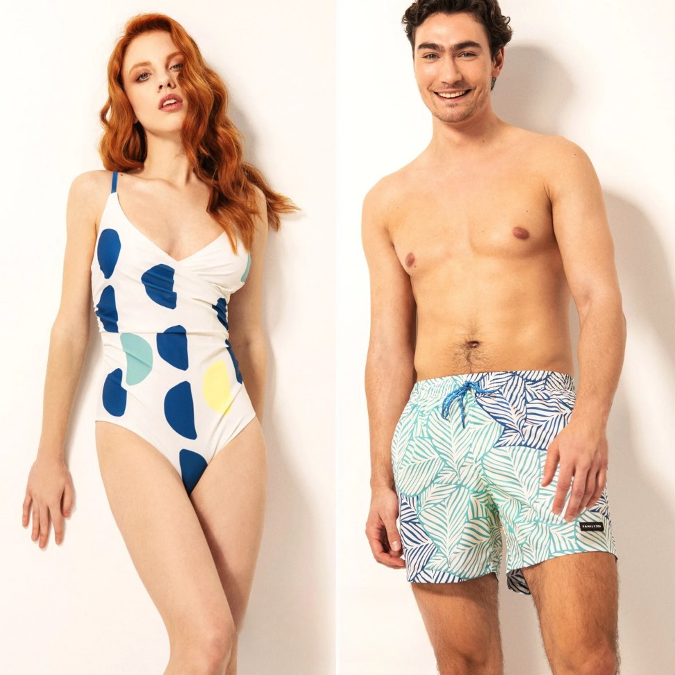 mix and match matching swimsuit with fun pattern for couples