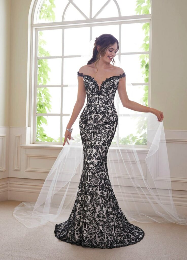 off shoulder sweetheart neckline black and white lace wedding dress