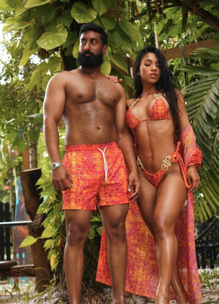orange printed couple matching swimsuit