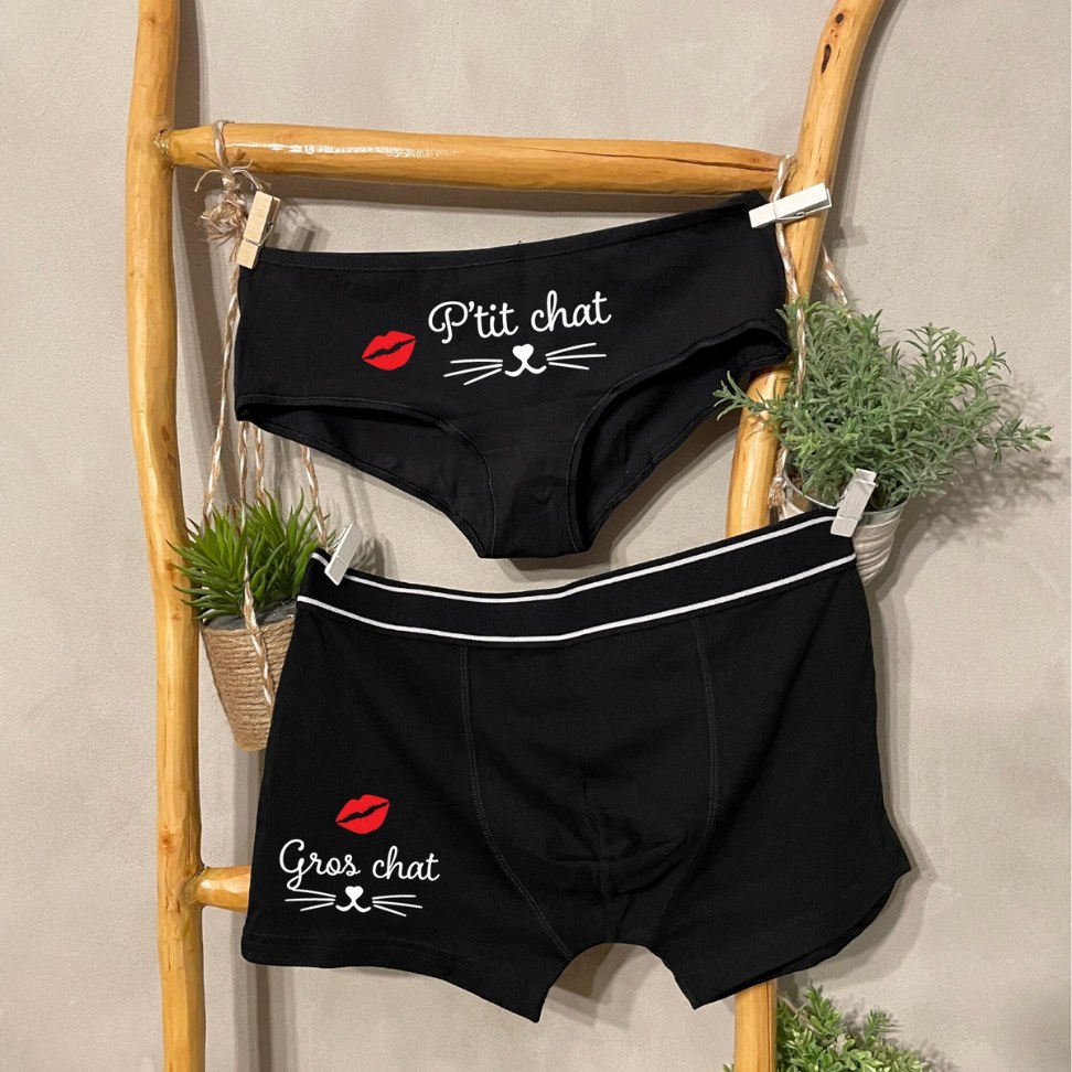 personalized black color cotton fabric couples matching underwear