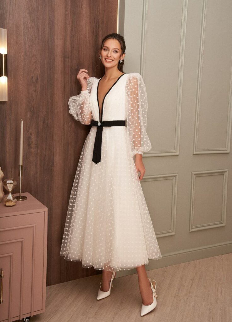 polka dot tea length black and white simple wedding dress