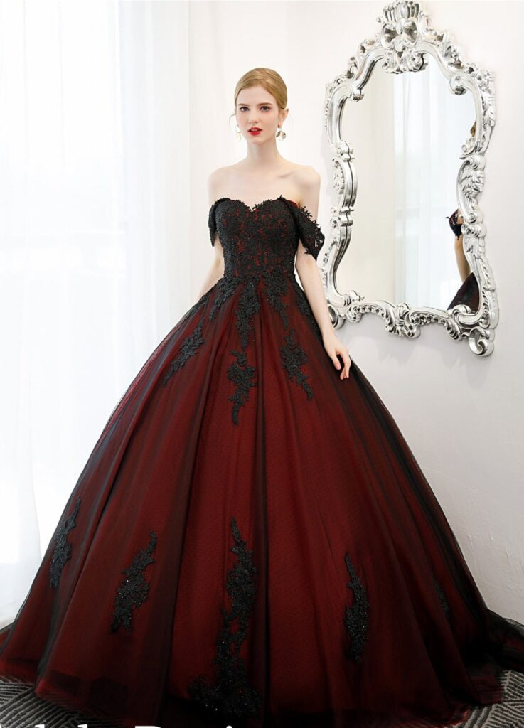 romantic red and black lace off shoulder wedding dress