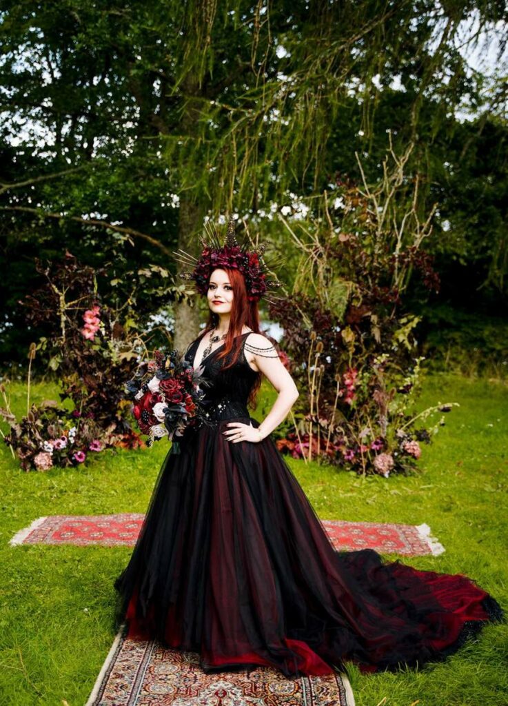 romantic red and black lace wedding dress for gothic bride