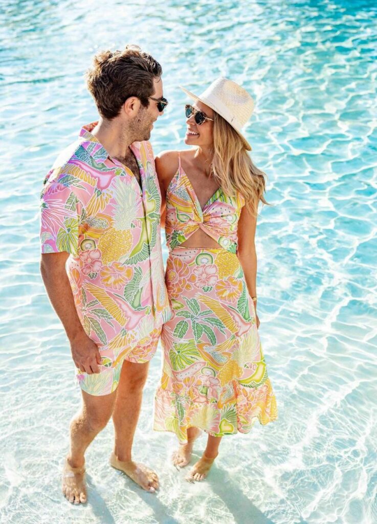 soft colors tropical print comfortable matching swimwear for couples