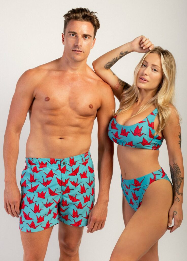 torquise oregami print fit and comfort couple matching swimwear