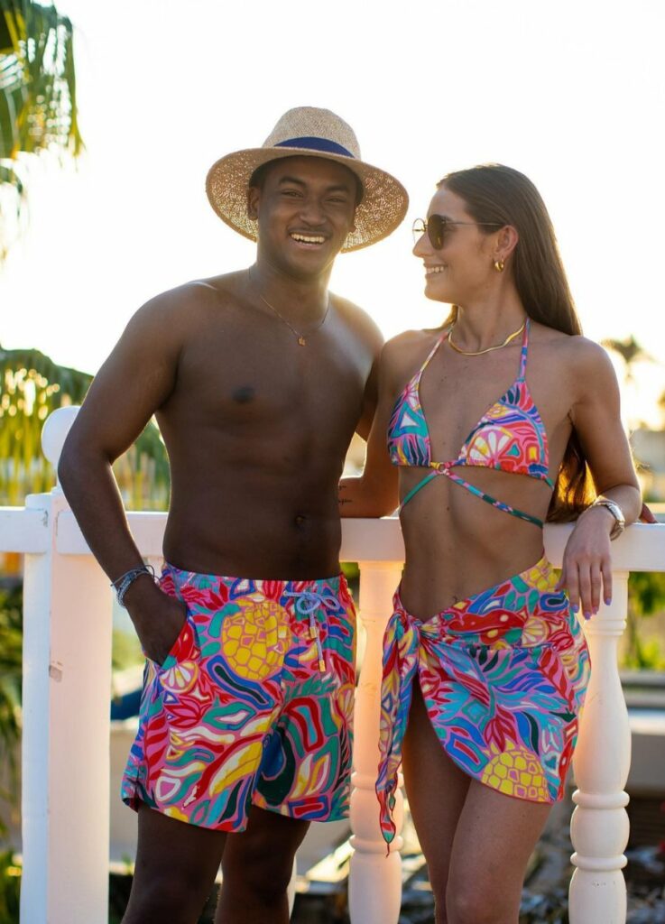tropical vibes beautiful printabale pineapple and orange swimsuit for couples