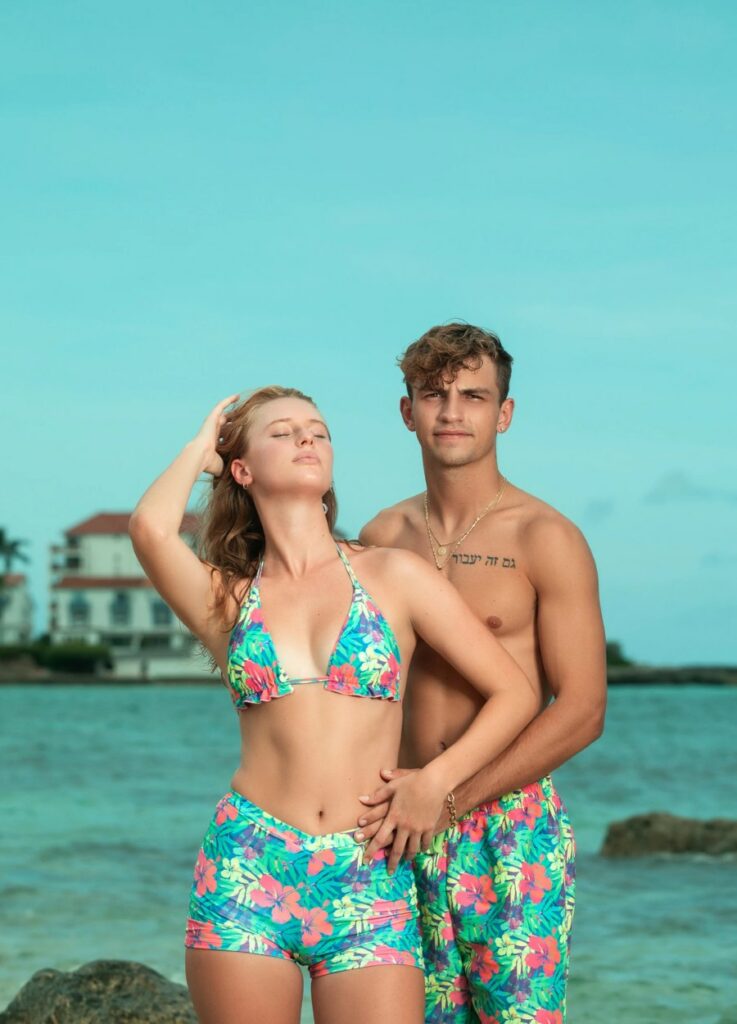 vibrant and colorful floral print couple matching swimwear