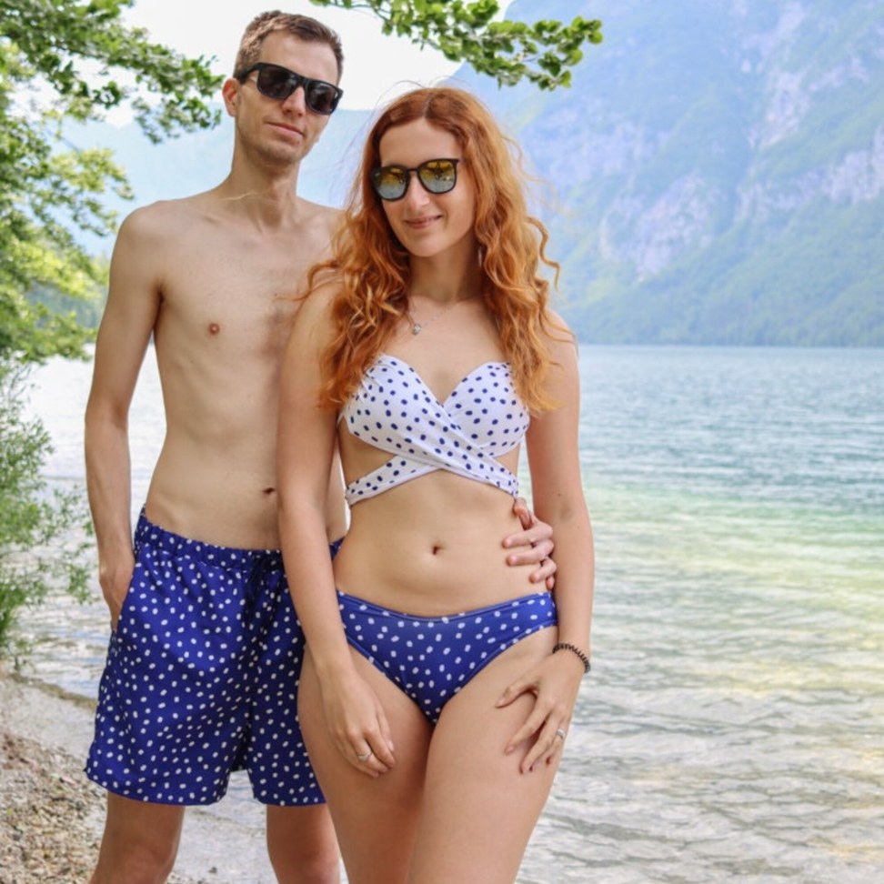 white and navy blue comfy couple matching swimsuit