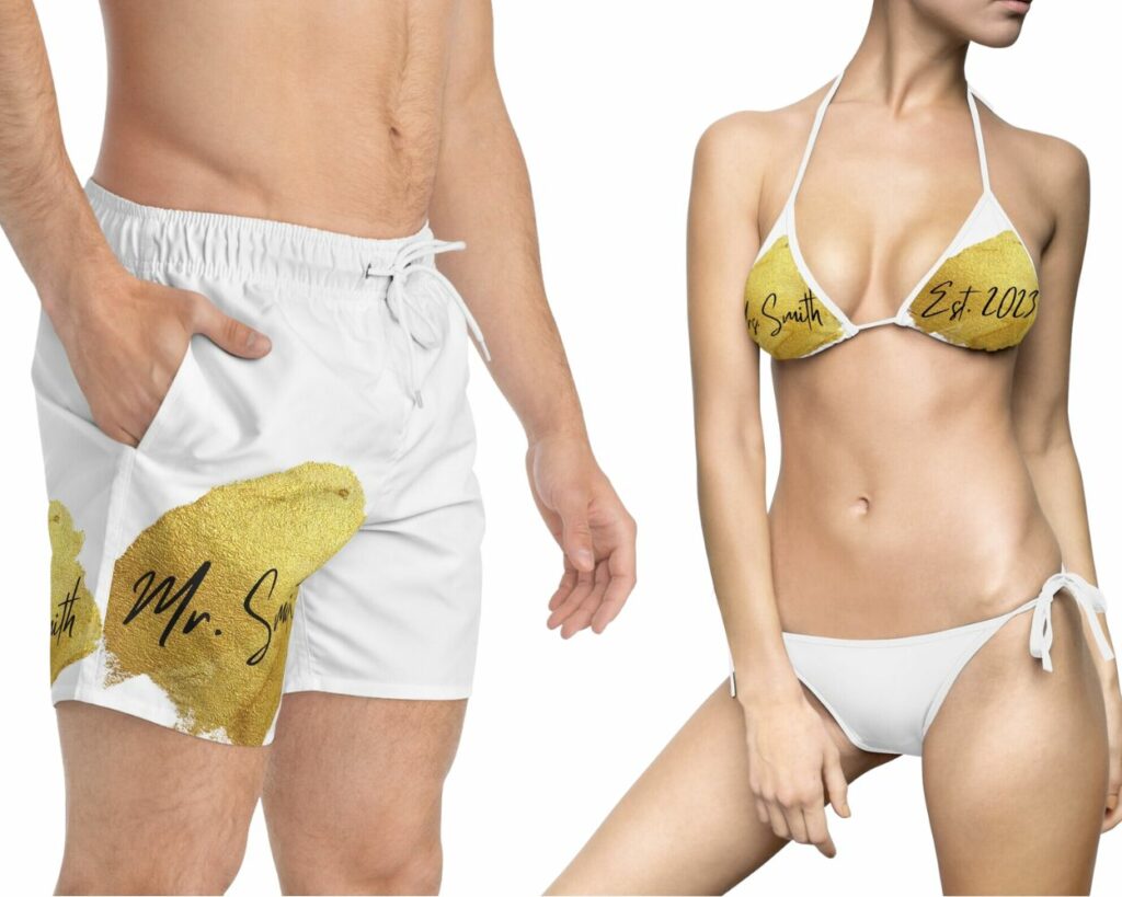 white plan matching couple swimsuit with initials