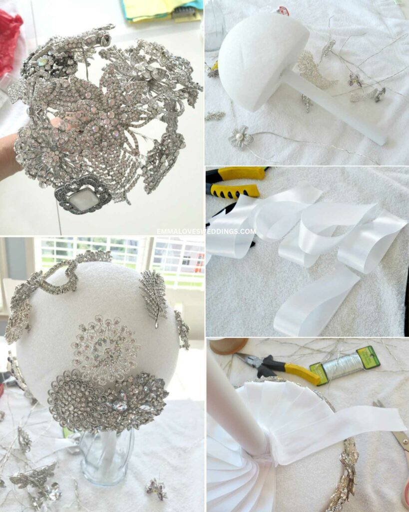 Brooch bouquets are made by attaching a brooch to a ball of Styrofoam or PVC and tying a ribbon around the stems