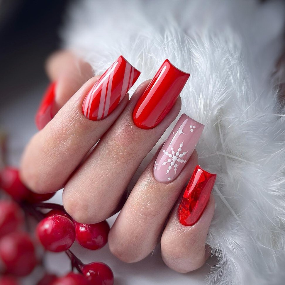 Chic red and white frosted candy stripes Christmas nail art