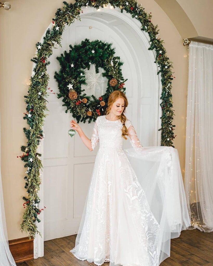 Christmas A-line wedding dress with full sleeves