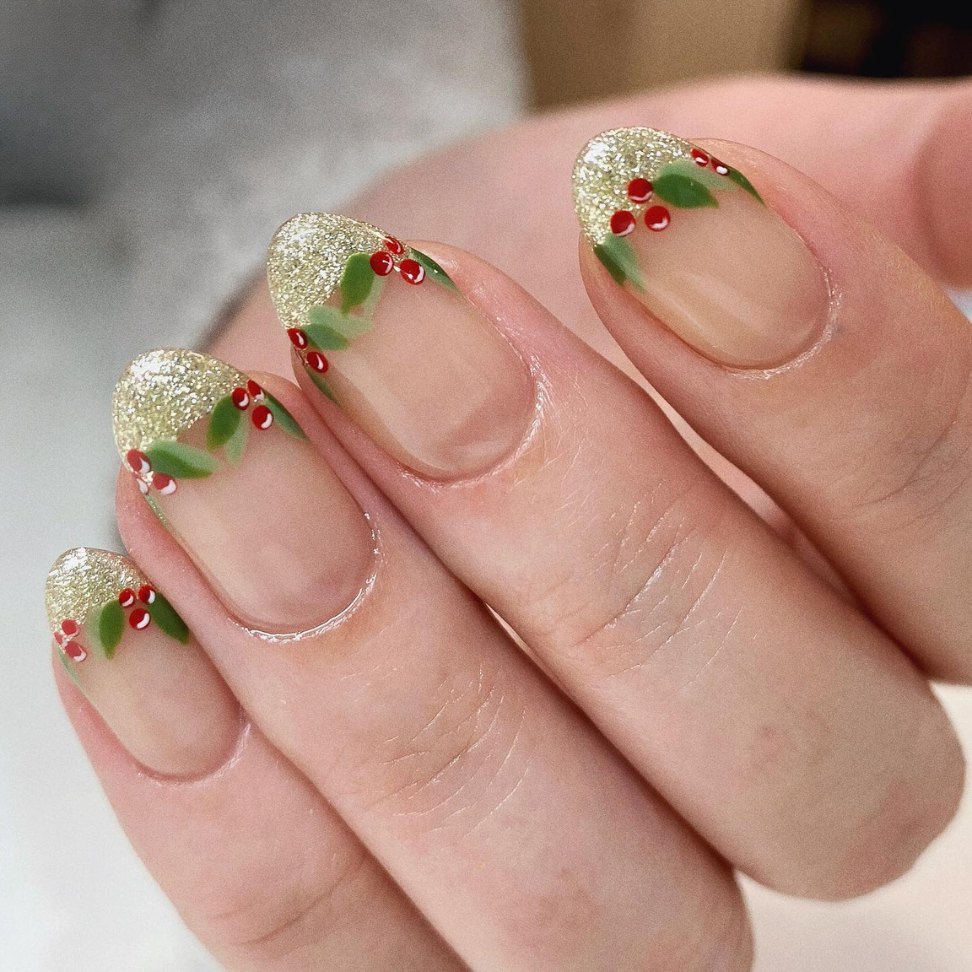 Christmas green and golden nails tip art