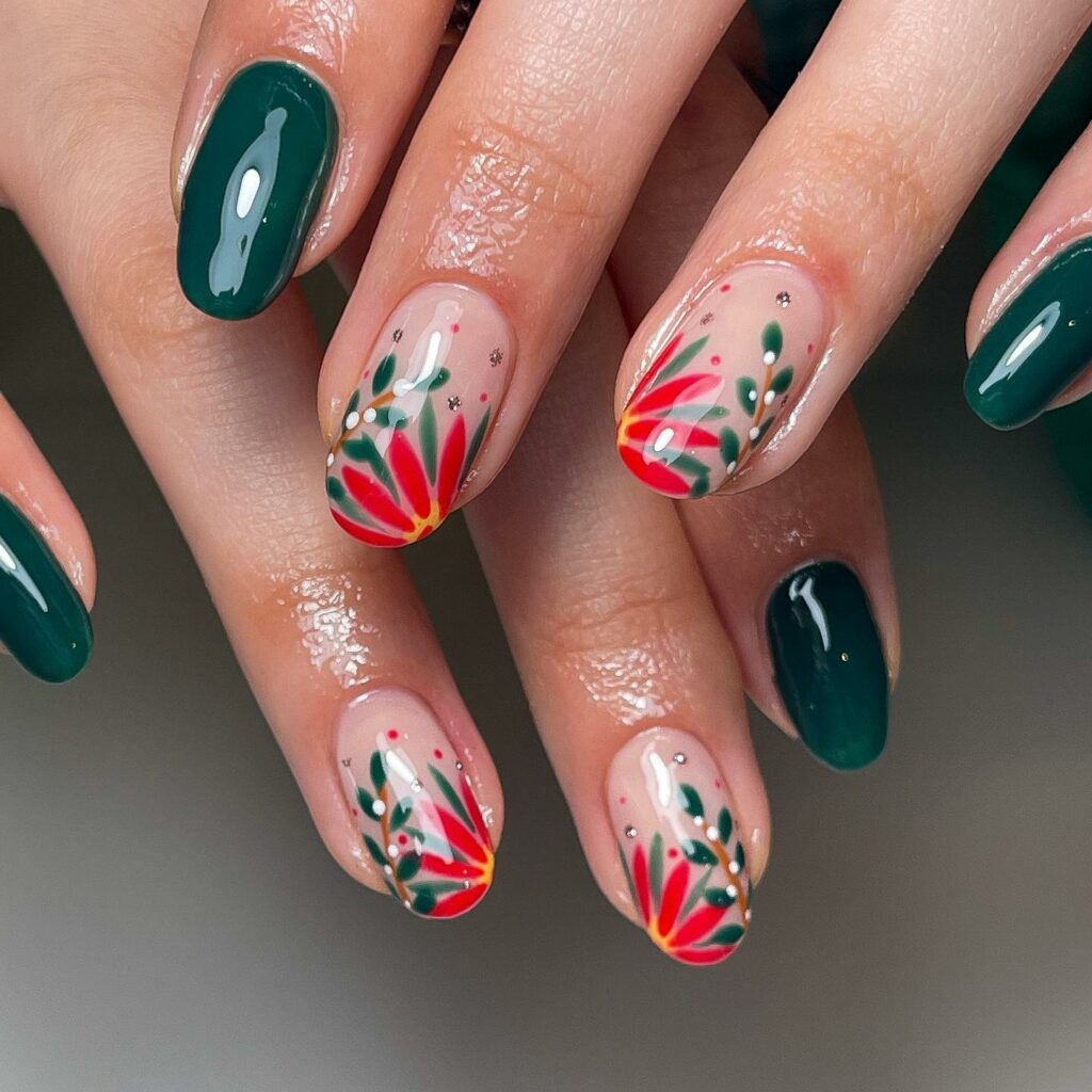 Christmas nails under the mistletoe include holly and foliage designs in red and green