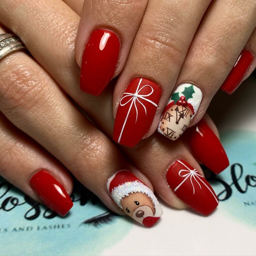 Christmas red and green nails with festive art