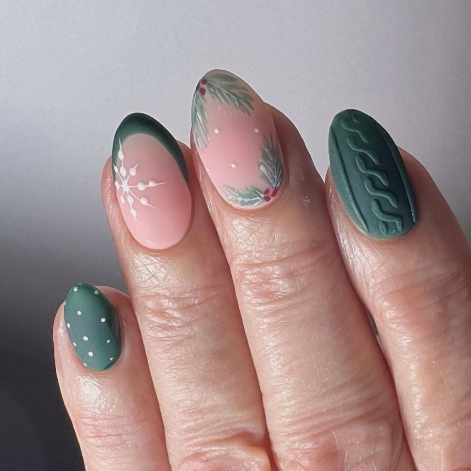 Christmas whimsical green nails with pine and snowflake accents