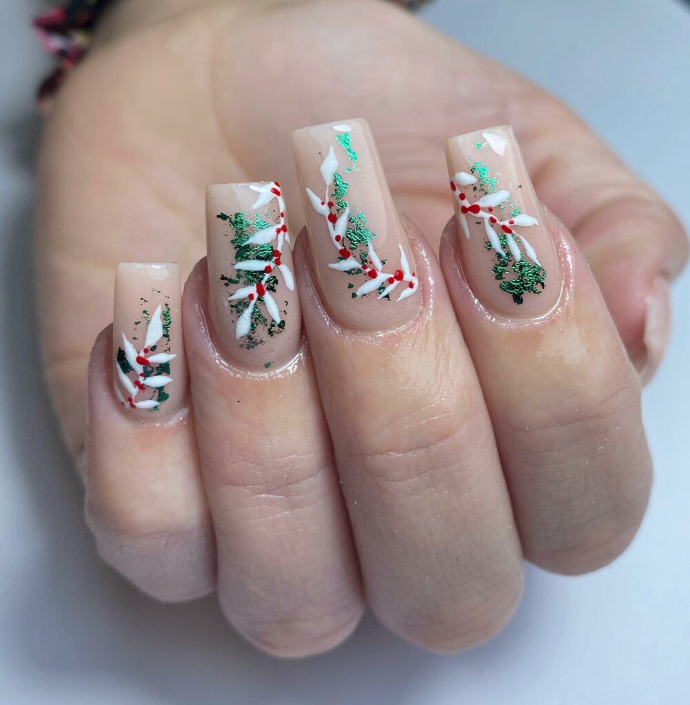 Christmas whimsical winter garland and candy cane nail art on nude base