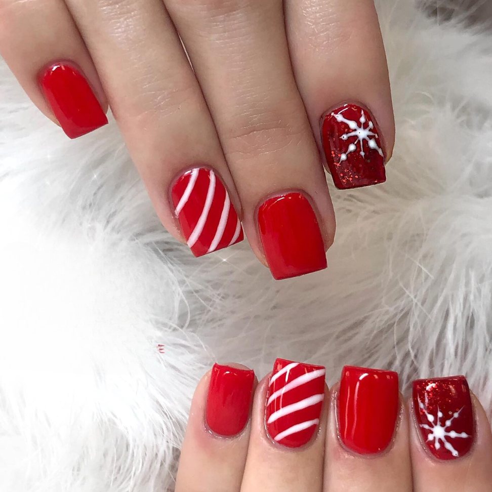 Classic candy cane and snowflake Christmas red nail Art